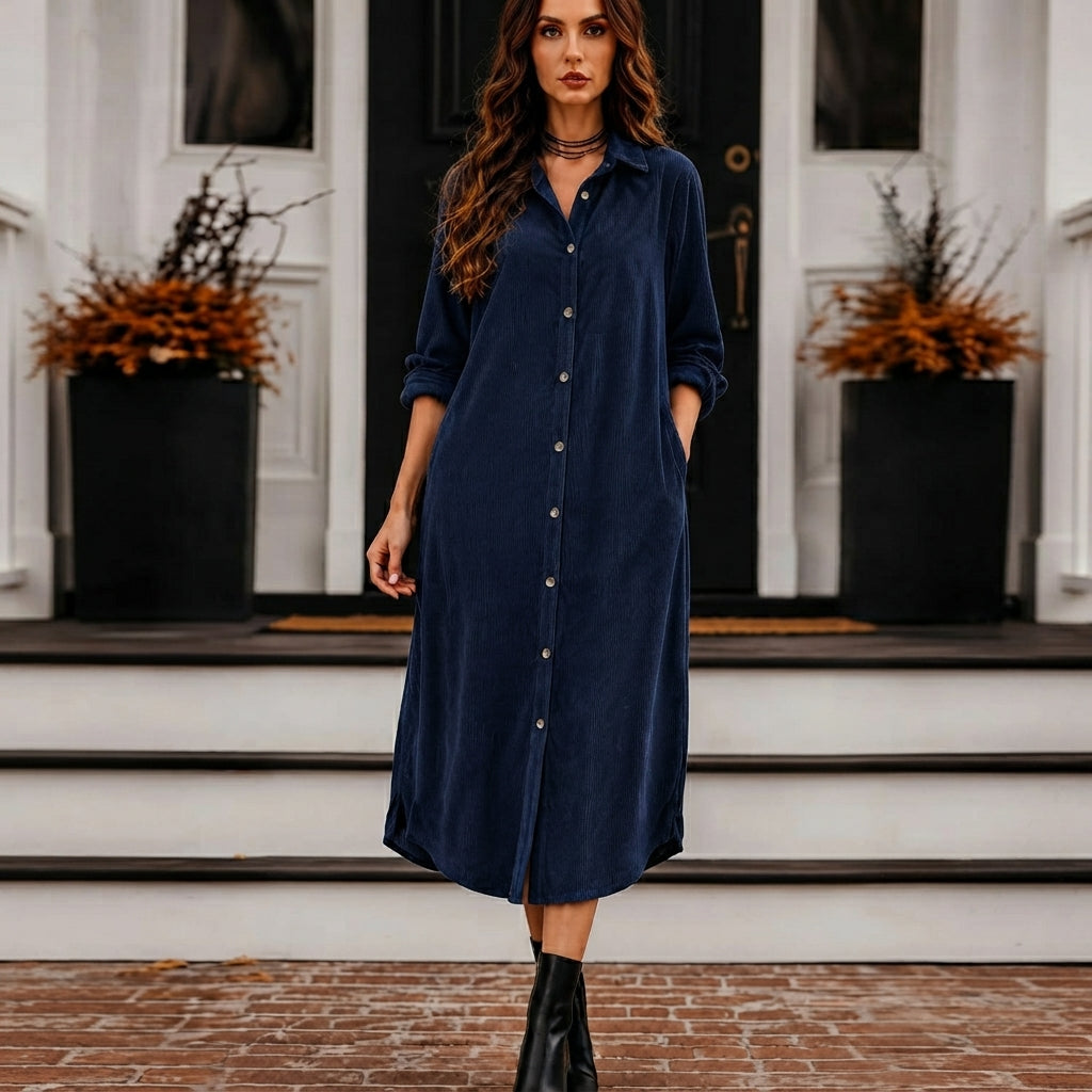 Robe Chemise Longue Femme en Velours Côtelé