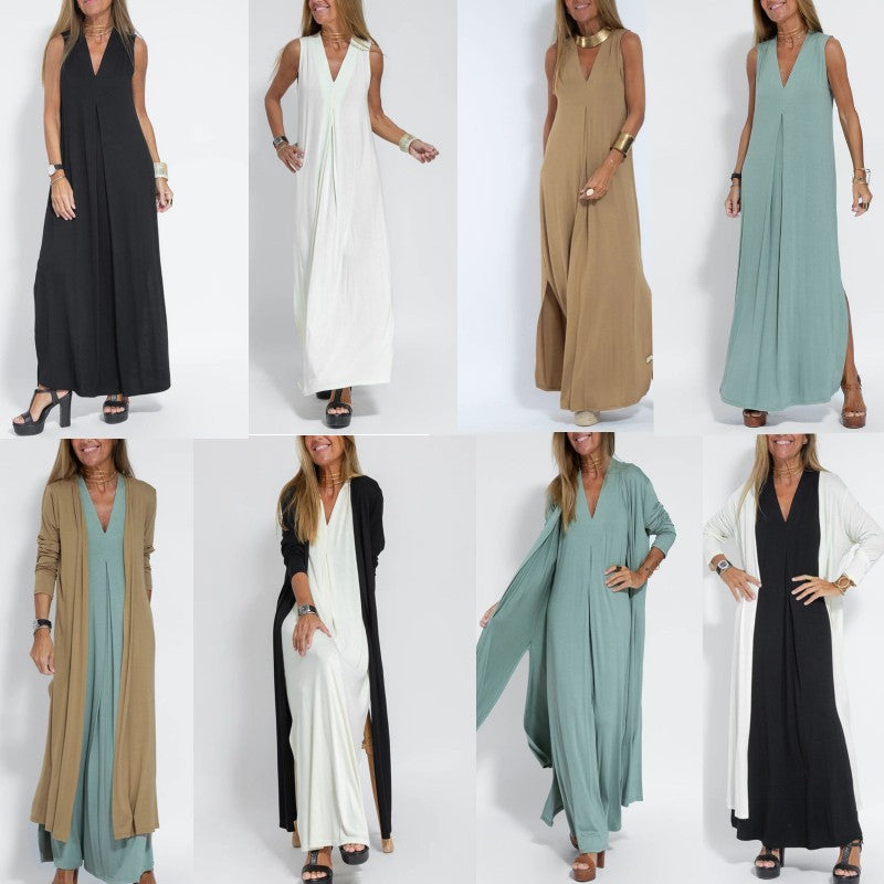 Ensemble Femme : Robe Sans Manches Col en V Couleur Unie et Gilet Long Assorti