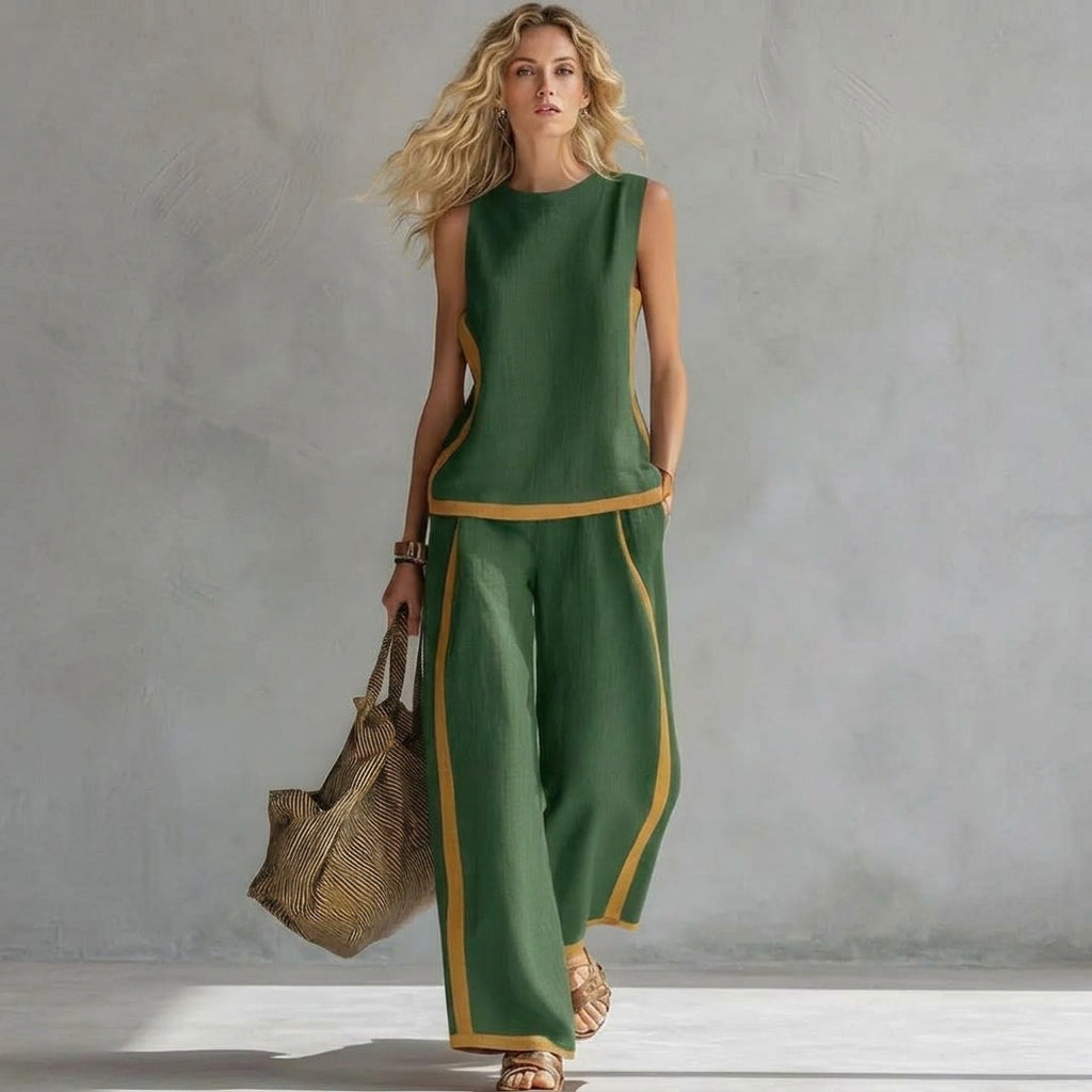 Ensemble d’été femme sans manches – Débardeur col rond et pantalon large taille haute