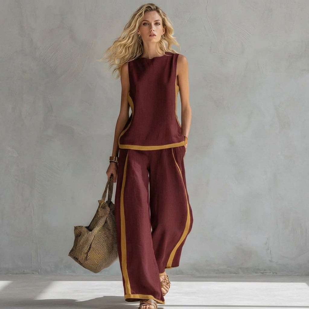 Ensemble d’été femme sans manches – Débardeur col rond et pantalon large taille haute