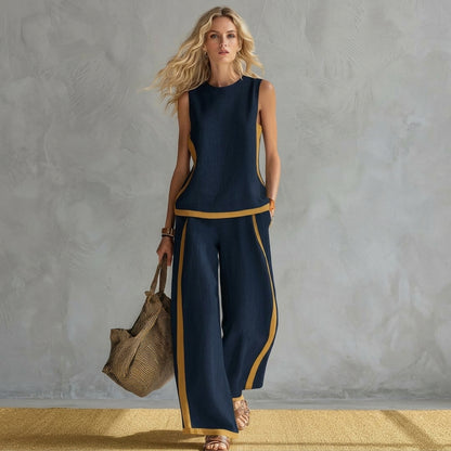 Ensemble d’été femme sans manches – Débardeur col rond et pantalon large taille haute