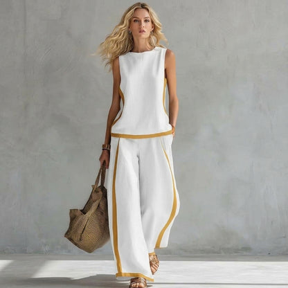 Ensemble d’été femme sans manches – Débardeur col rond et pantalon large taille haute