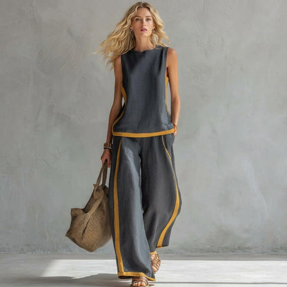 Ensemble d’été femme sans manches – Débardeur col rond et pantalon large taille haute