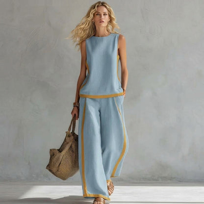 Ensemble d’été femme sans manches – Débardeur col rond et pantalon large taille haute