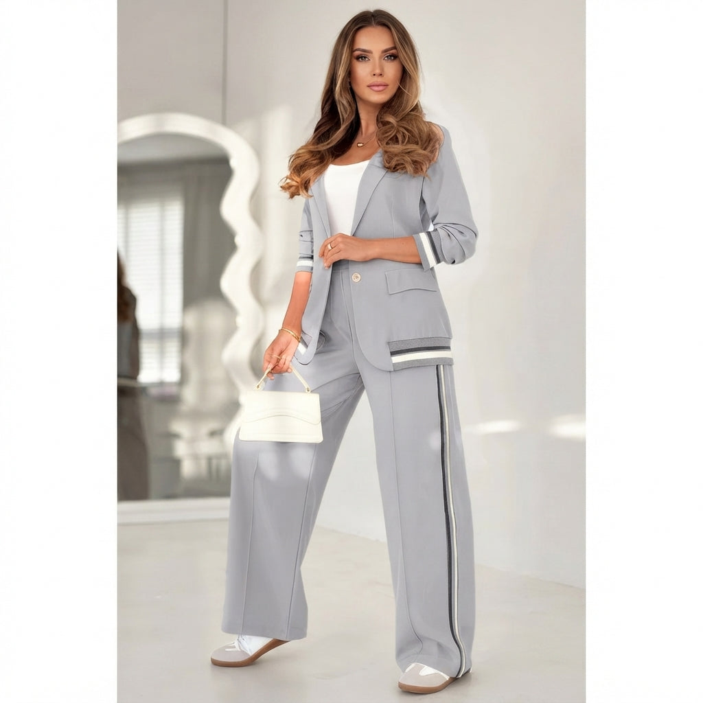 Ensemble tailleur femme 2 pièces – Veste à revers et pantalon large taille haute