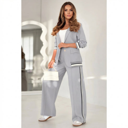 Ensemble tailleur femme 2 pièces – Veste à revers et pantalon large taille haute