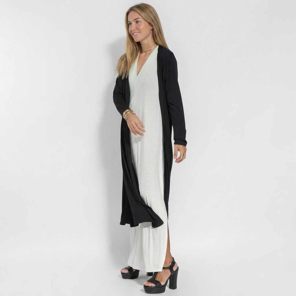Ensemble Femme : Robe Sans Manches Col en V Couleur Unie et Gilet Long Assorti