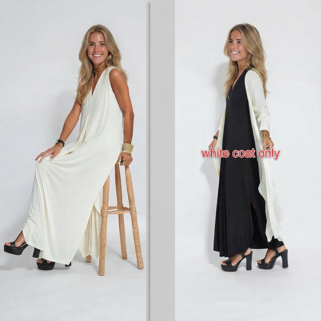 Ensemble Femme : Robe Sans Manches Col en V Couleur Unie et Gilet Long Assorti