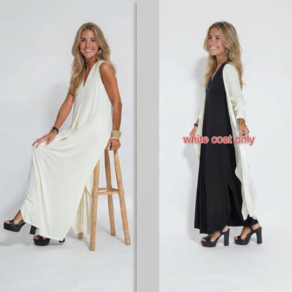 Ensemble Femme : Robe Sans Manches Col en V Couleur Unie et Gilet Long Assorti