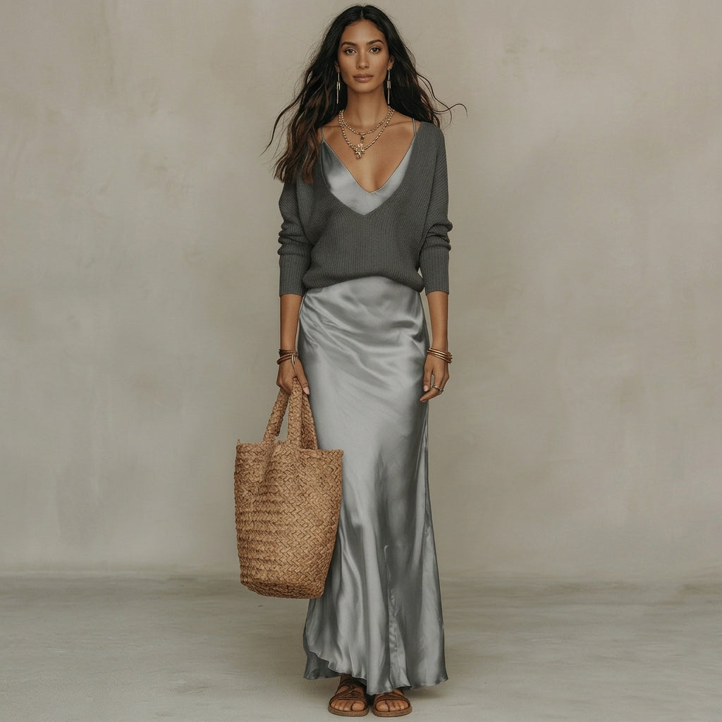 Ensemble Femme – Pull en Maille Col V Uni et Robe Satinée