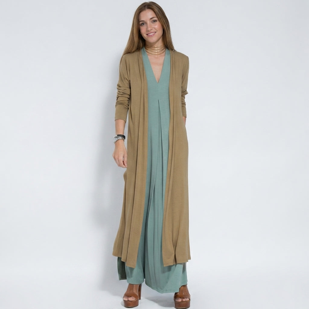 Ensemble Femme : Robe Sans Manches Col en V Couleur Unie et Gilet Long Assorti