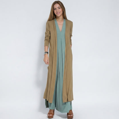 Ensemble Femme : Robe Sans Manches Col en V Couleur Unie et Gilet Long Assorti
