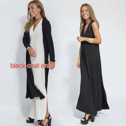 Ensemble Femme : Robe Sans Manches Col en V Couleur Unie et Gilet Long Assorti