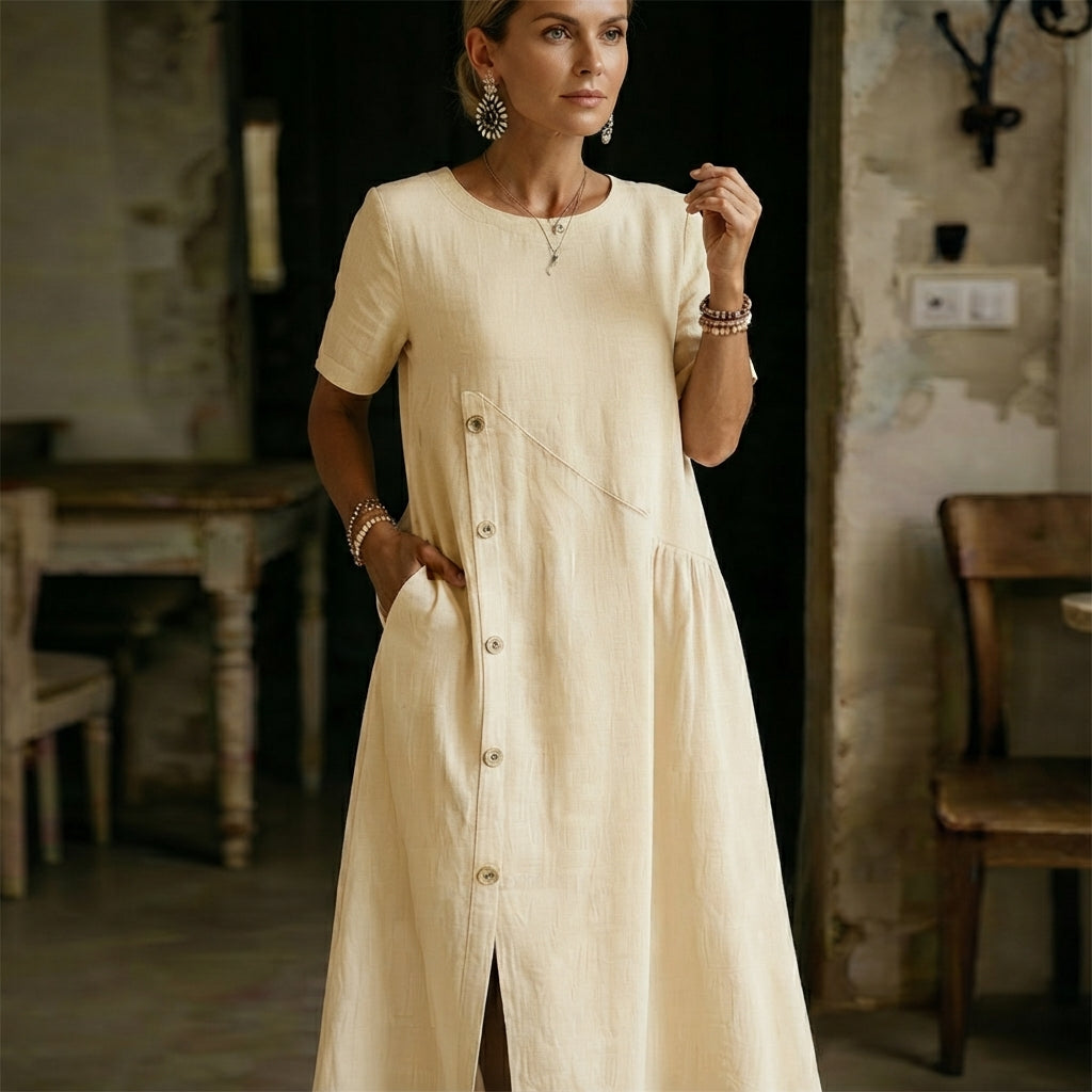 Robe mi-longue plissée à poches et ornée de boutons