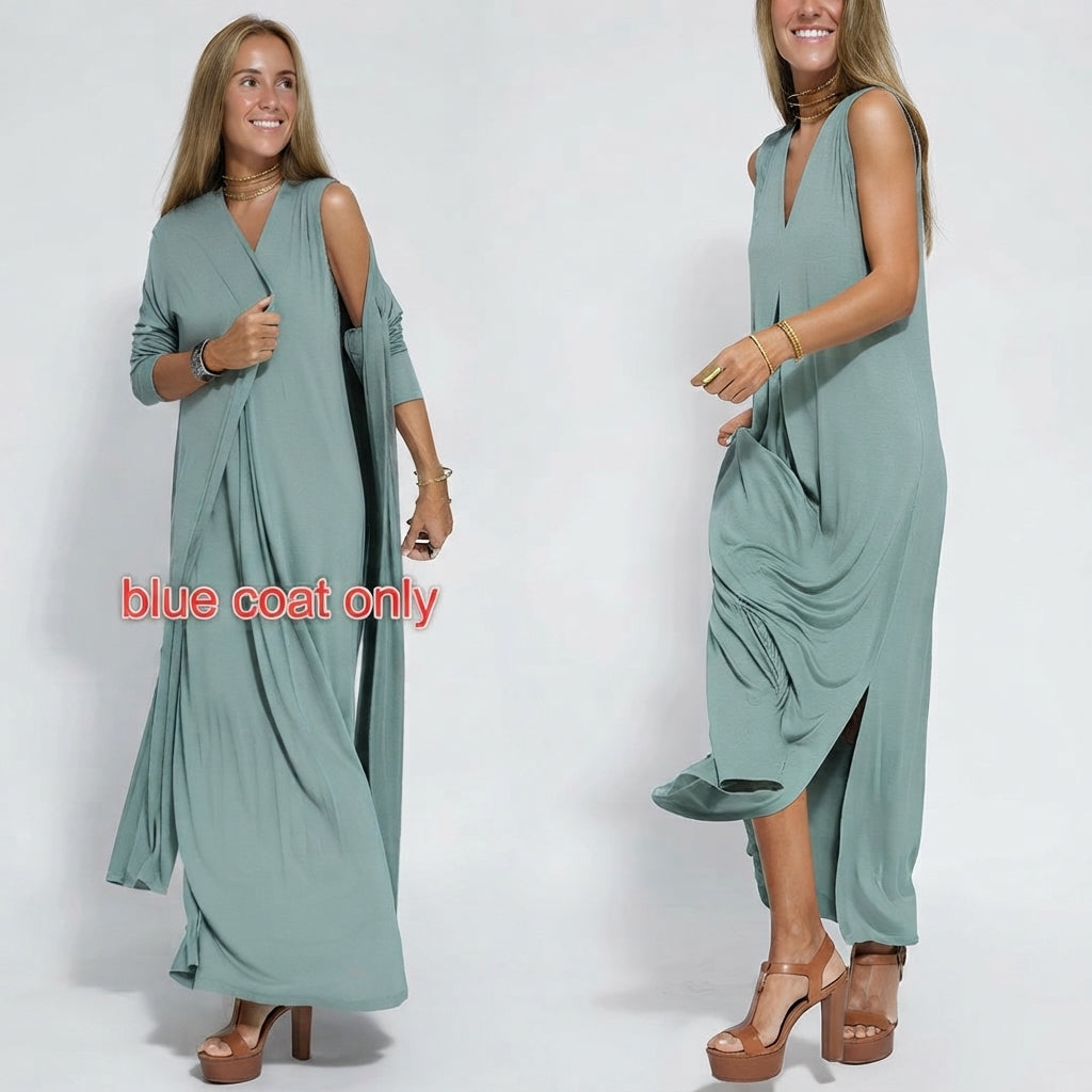 Ensemble Femme : Robe Sans Manches Col en V Couleur Unie et Gilet Long Assorti