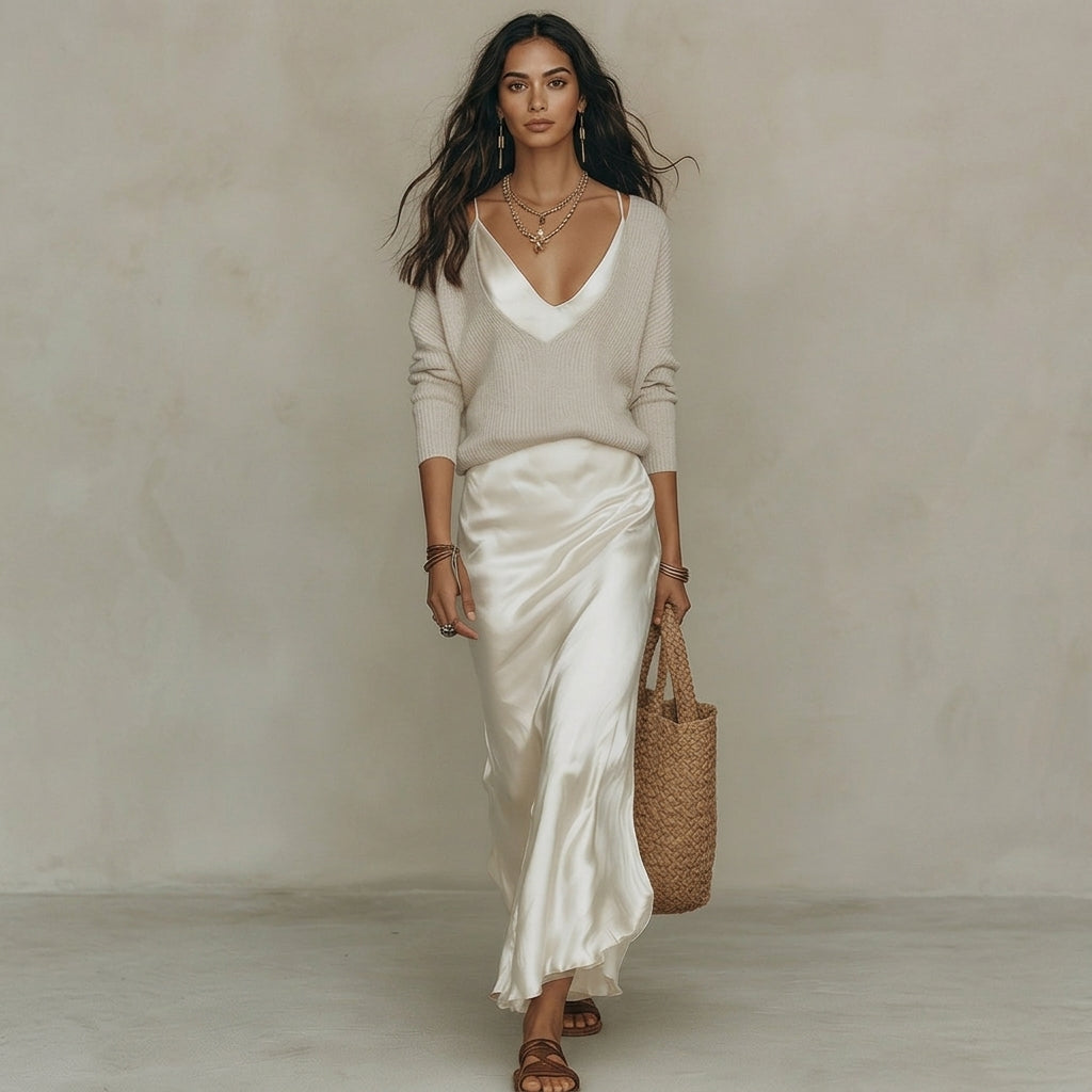 Ensemble Femme – Pull en Maille Col V Uni et Robe Satinée