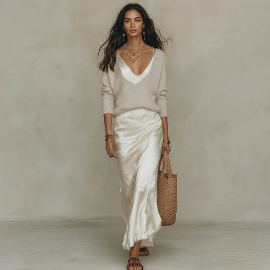 Ensemble Femme – Pull en Maille Col V Uni et Robe Satinée