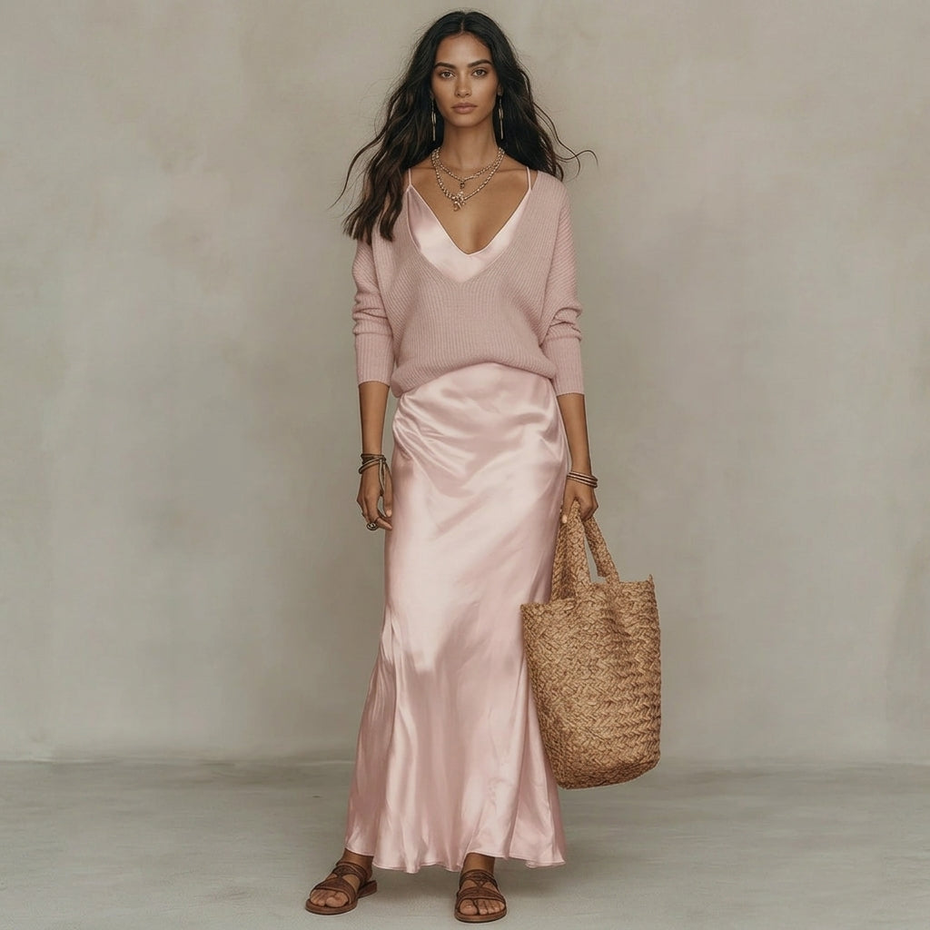 Ensemble Femme – Pull en Maille Col V Uni et Robe Satinée