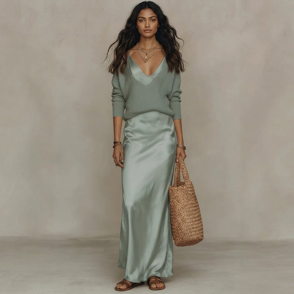 Ensemble Femme – Pull en Maille Col V Uni et Robe Satinée