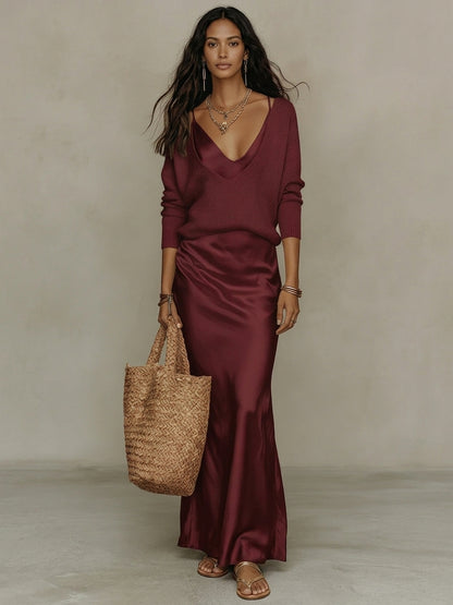 Ensemble Femme – Pull en Maille Col V Uni et Robe Satinée