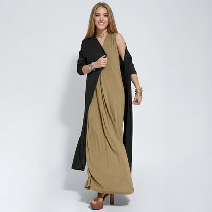 Ensemble Femme : Robe Sans Manches Col en V Couleur Unie et Gilet Long Assorti