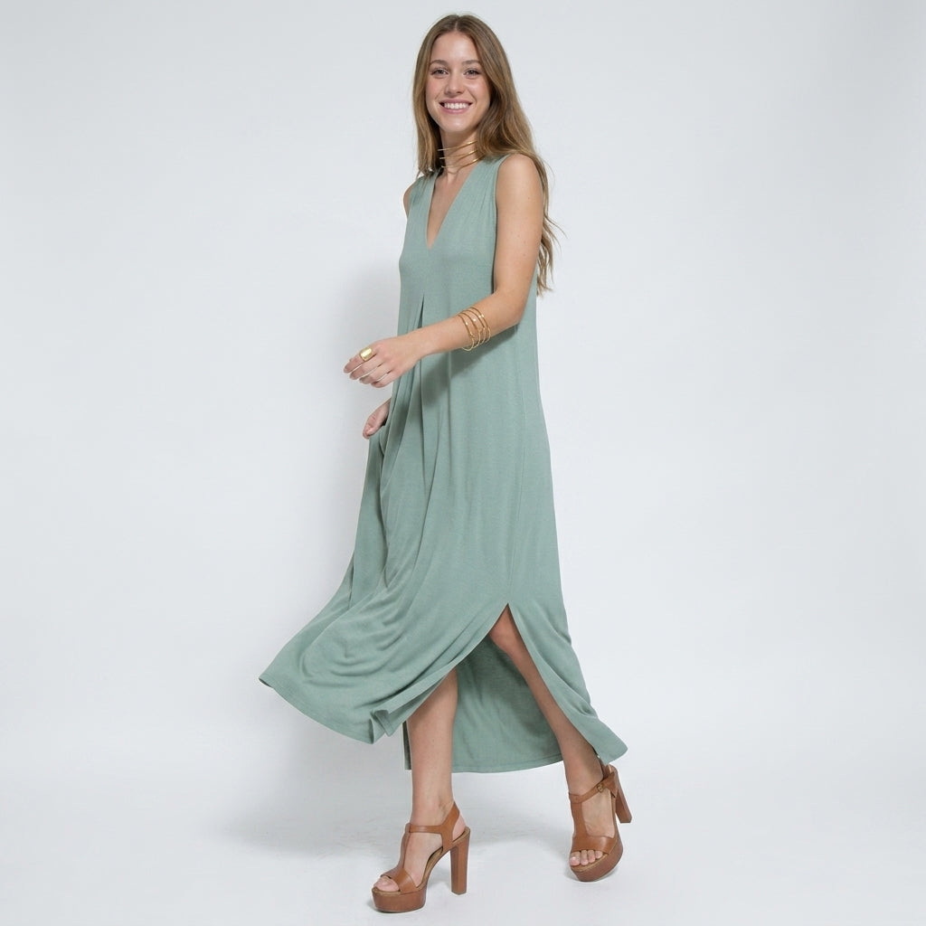 Ensemble Femme : Robe Sans Manches Col en V Couleur Unie et Gilet Long Assorti