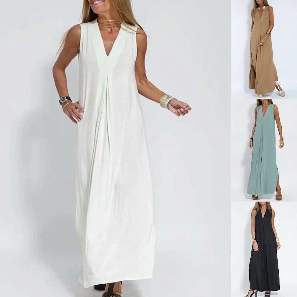 Ensemble Femme : Robe Sans Manches Col en V Couleur Unie et Gilet Long Assorti