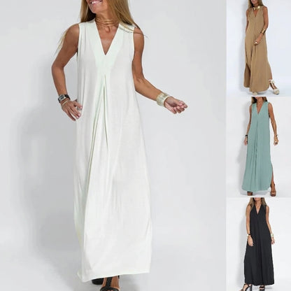 Ensemble Femme : Robe Sans Manches Col en V Couleur Unie et Gilet Long Assorti