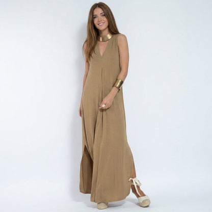Ensemble Femme : Robe Sans Manches Col en V Couleur Unie et Gilet Long Assorti