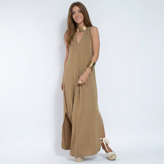 Ensemble Femme : Robe Sans Manches Col en V Couleur Unie et Gilet Long Assorti
