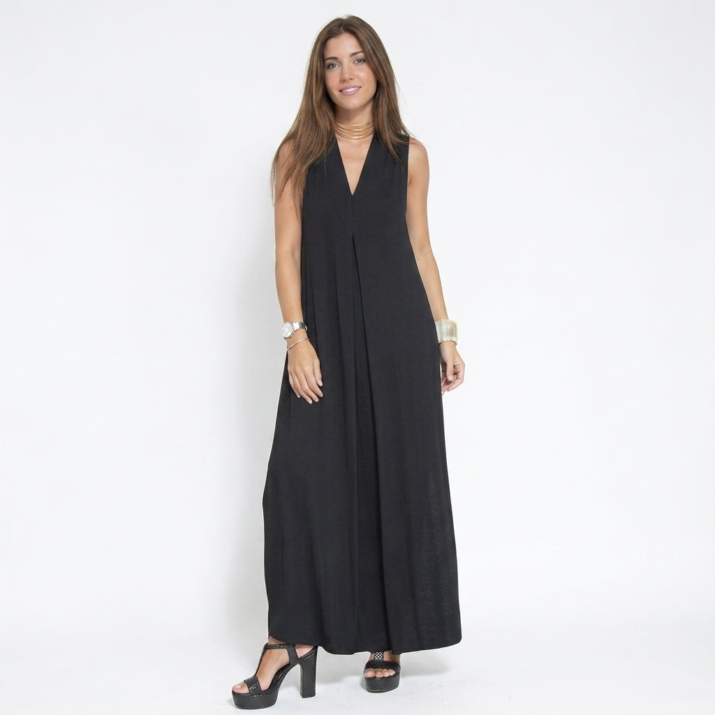 Ensemble Femme : Robe Sans Manches Col en V Couleur Unie et Gilet Long Assorti