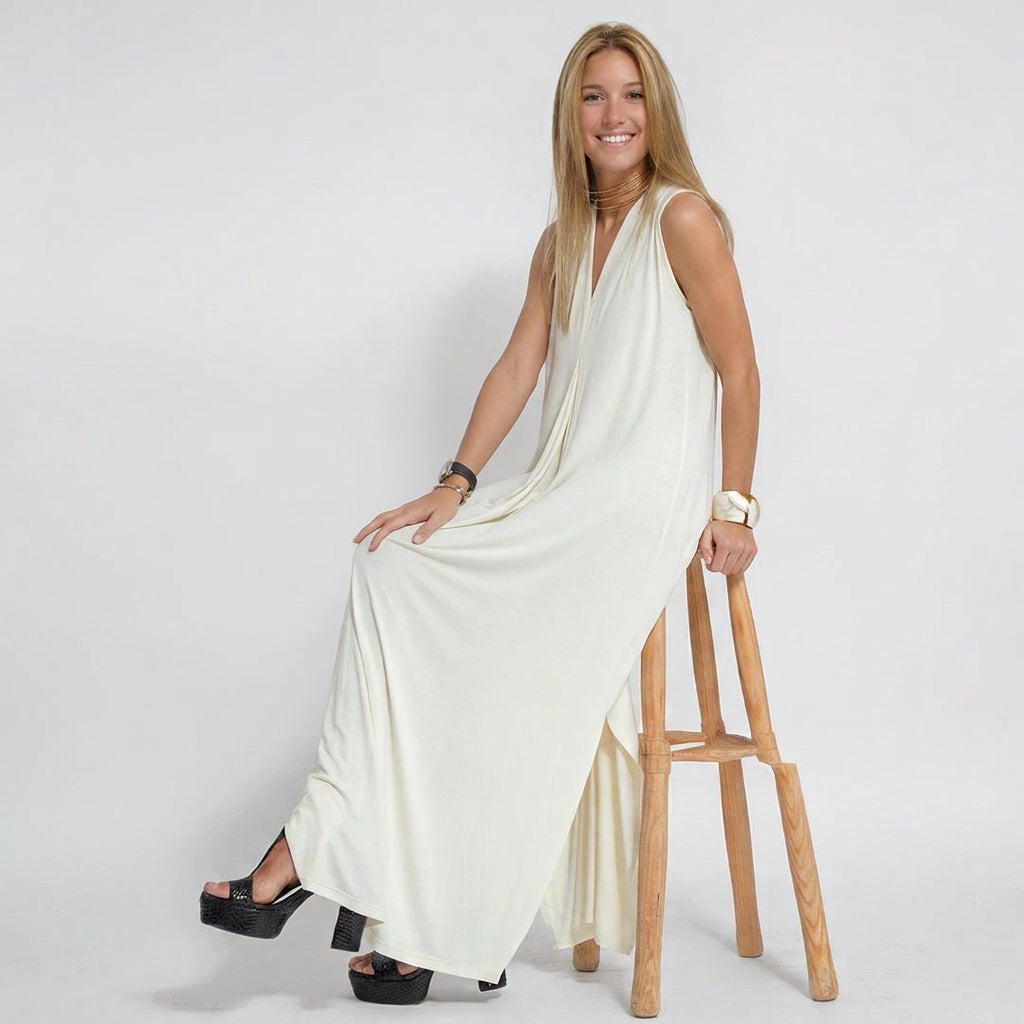 Ensemble Femme : Robe Sans Manches Col en V Couleur Unie et Gilet Long Assorti