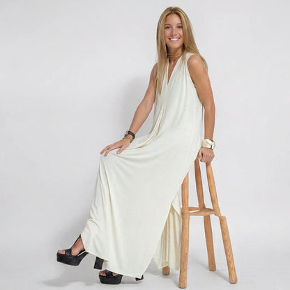 Ensemble Femme : Robe Sans Manches Col en V Couleur Unie et Gilet Long Assorti