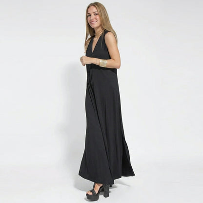Ensemble Femme : Robe Sans Manches Col en V Couleur Unie et Gilet Long Assorti