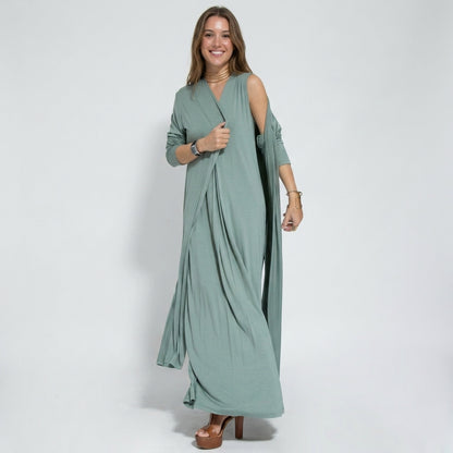 Ensemble Femme : Robe Sans Manches Col en V Couleur Unie et Gilet Long Assorti