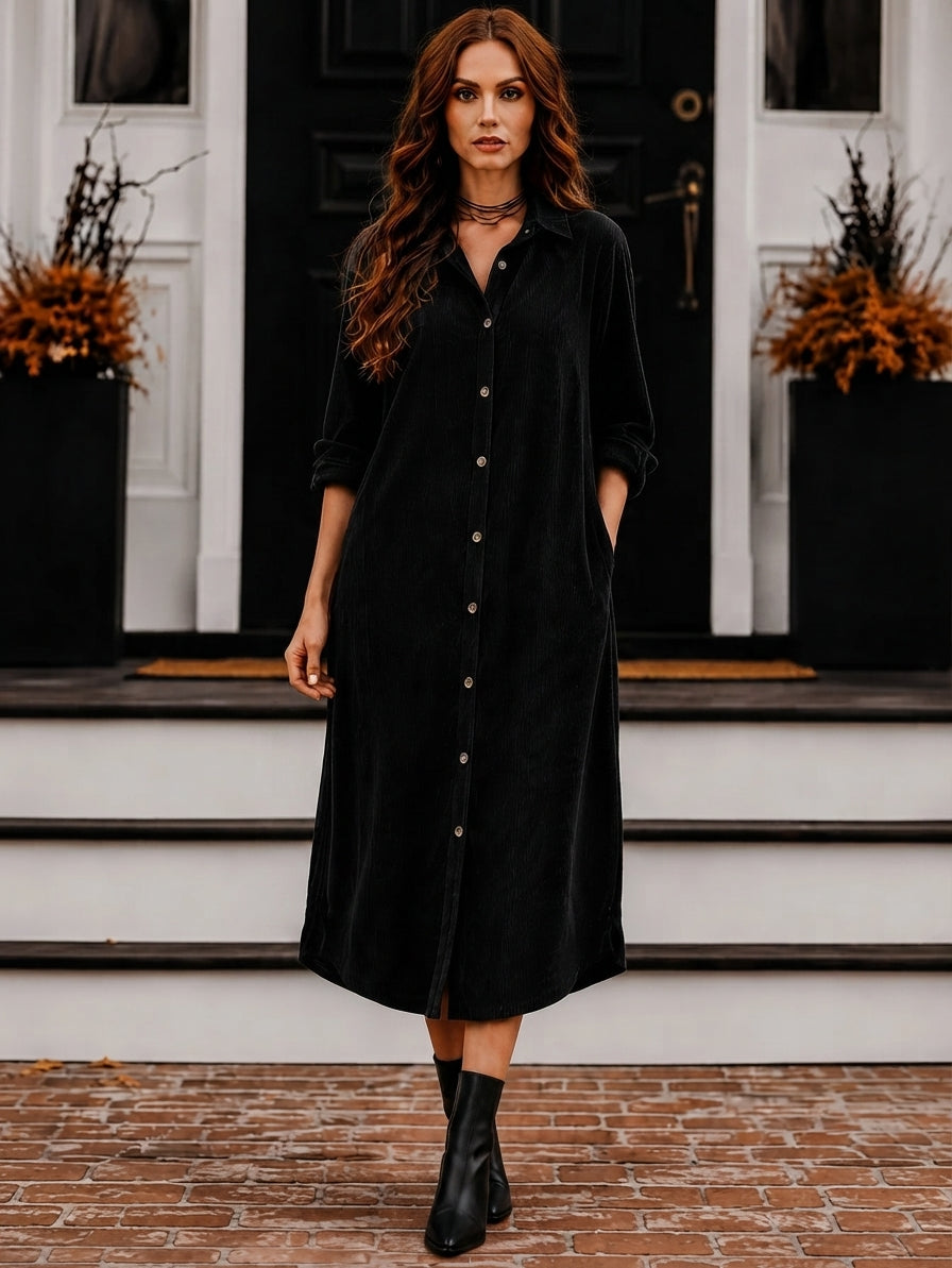 Robe Chemise Longue Femme en Velours Côtelé