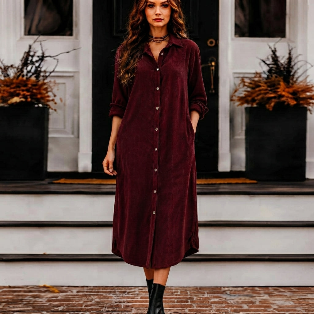 Robe Chemise Longue Femme en Velours Côtelé