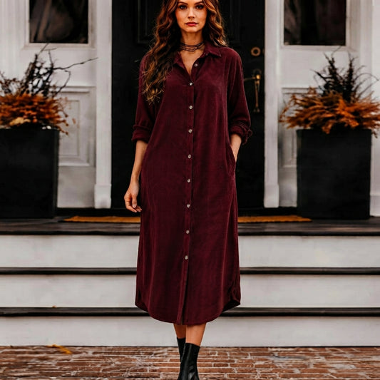 Robe Chemise Longue Femme en Velours Côtelé