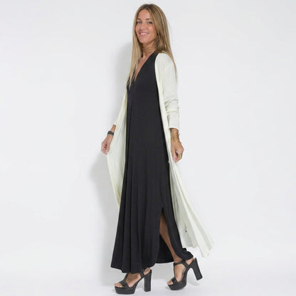 Ensemble Femme : Robe Sans Manches Col en V Couleur Unie et Gilet Long Assorti