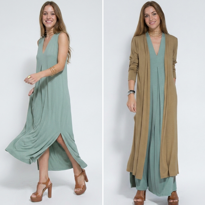 Ensemble Femme : Robe Sans Manches Col en V Couleur Unie et Gilet Long Assorti