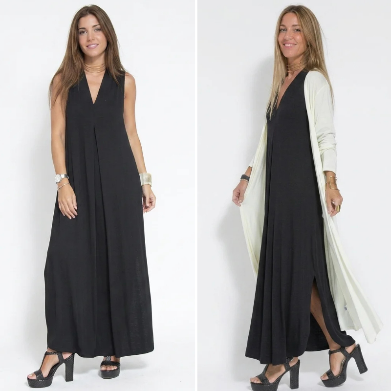 Ensemble Femme : Robe Sans Manches Col en V Couleur Unie et Gilet Long Assorti