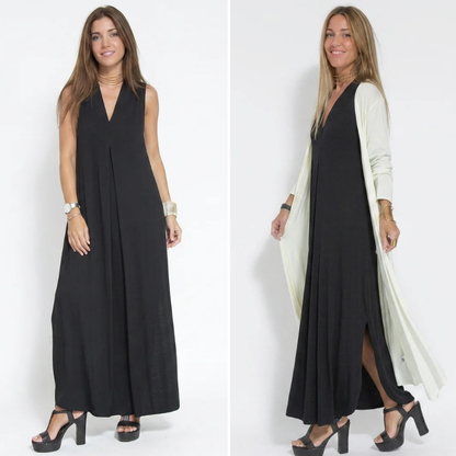 Ensemble Femme : Robe Sans Manches Col en V Couleur Unie et Gilet Long Assorti